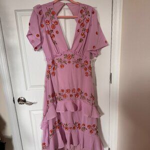 NWT Maya Deluxe Plunge Midi Embellished Mauve Floral Dress Size 12